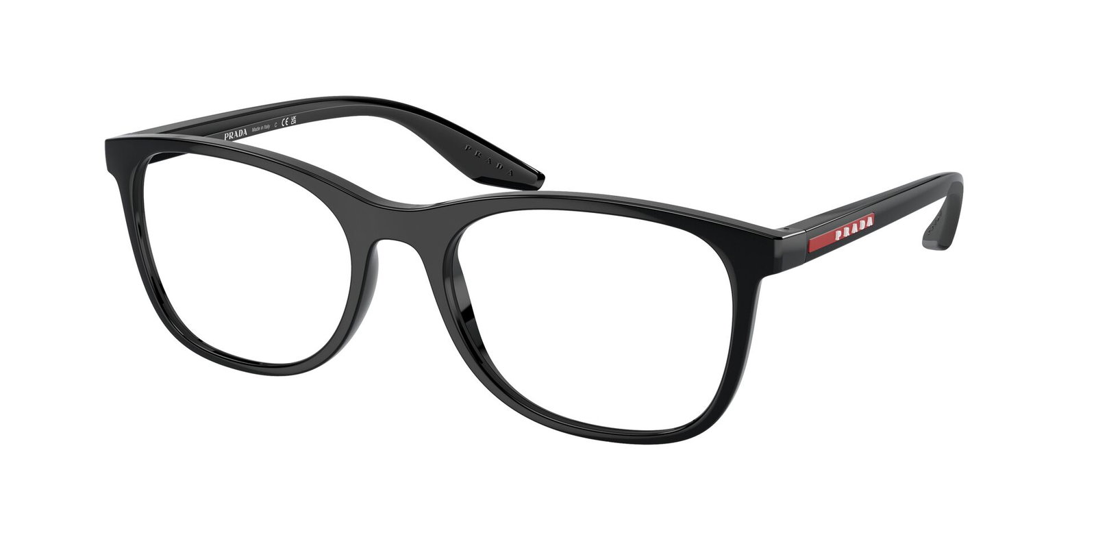 Das Bild zeigt die Prada Linea Rossa Fassung PS05PV 1AB1O1 leicht seitlich. 